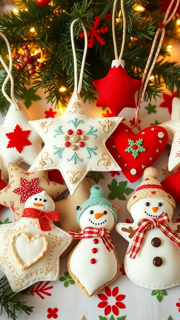 Handmade Christmas ornaments including stars, hearts, and snowmen on a festive background.